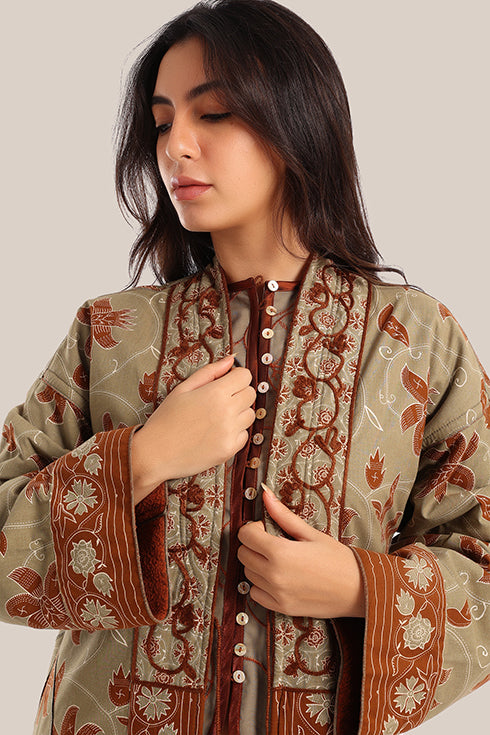 Embroidered reversible long-sleeve cotton coat
